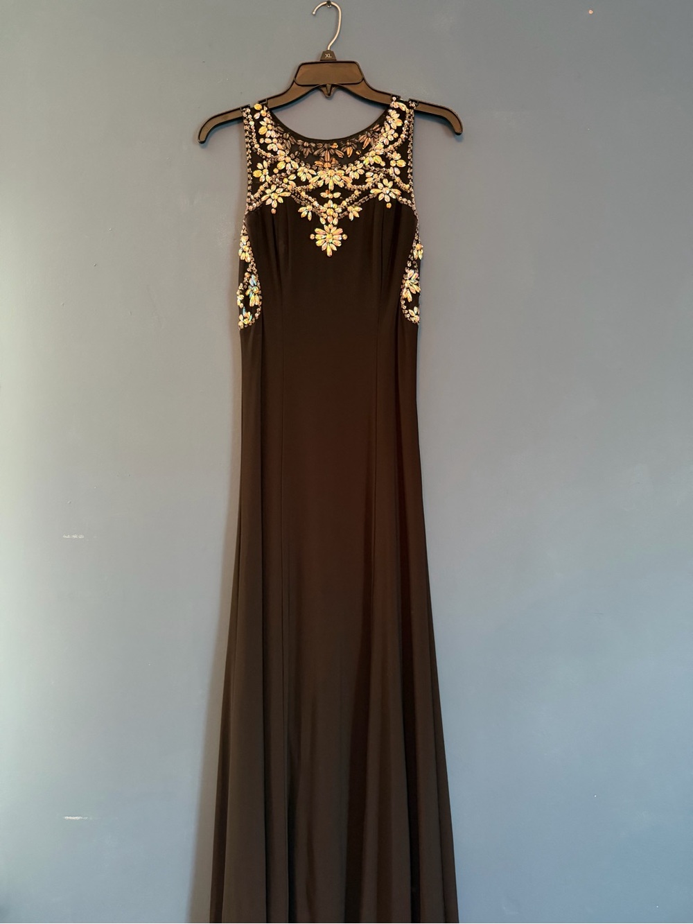 Crystal Doll Black Beaded Illusion Back High Slit Formal Gown Size 3